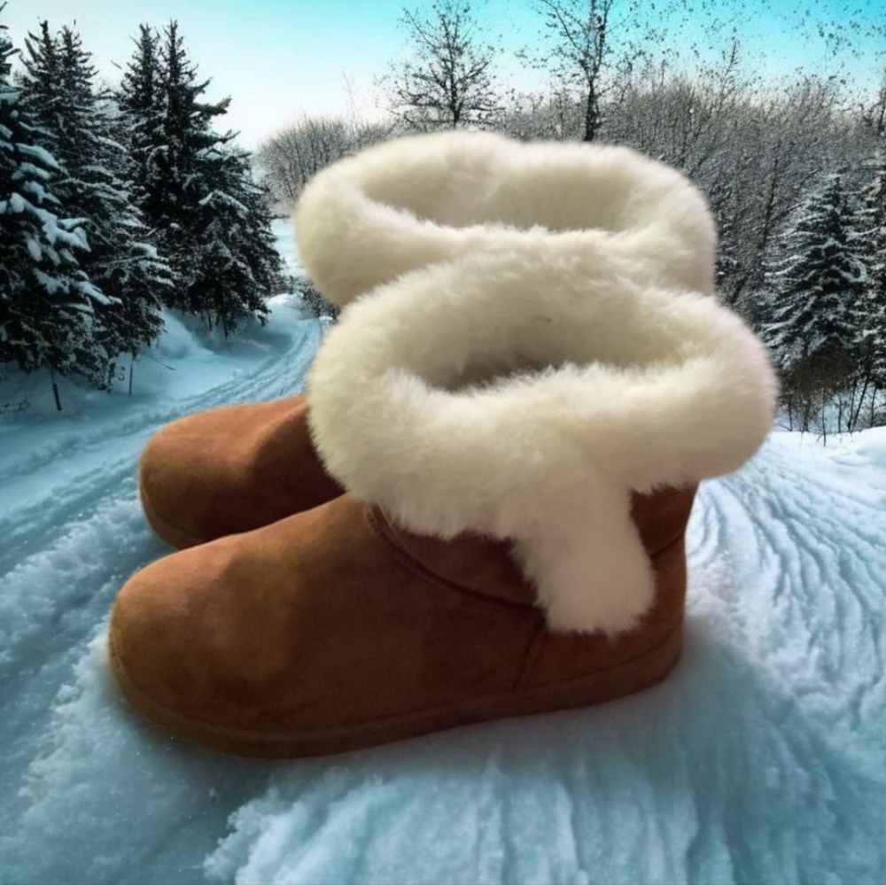 OS boots winter faux suede faux fur size (9) rubber soles light brown wa…